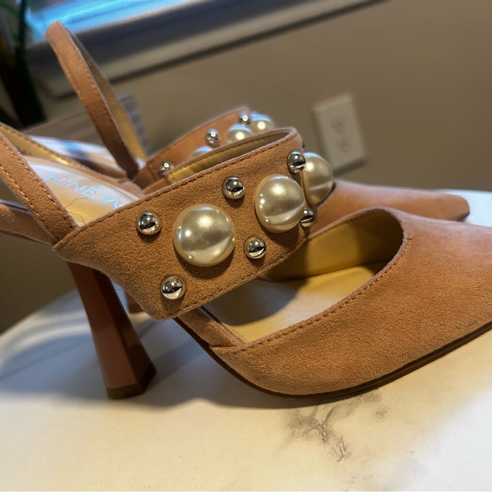 Tan Slingback Heels with Gold Studs